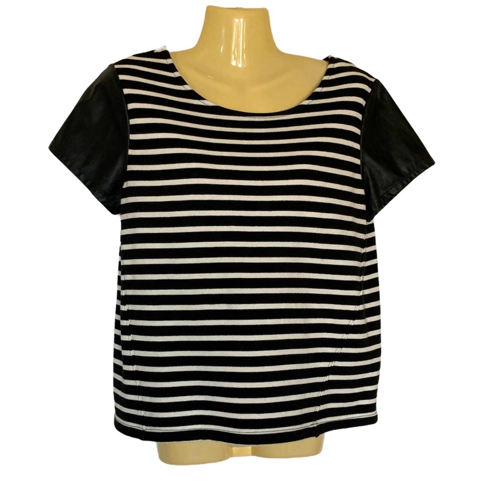 Sanctuary Faux Leather Short Sleeves Blouse French Chic Stripe Blk White Small